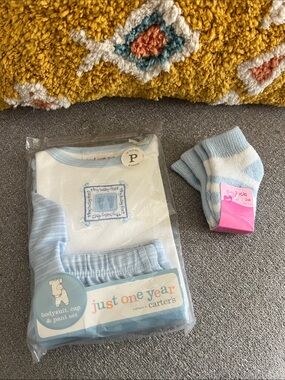 Carter's White and Light Blue Baby Bodysuit, Pants & Socks Set